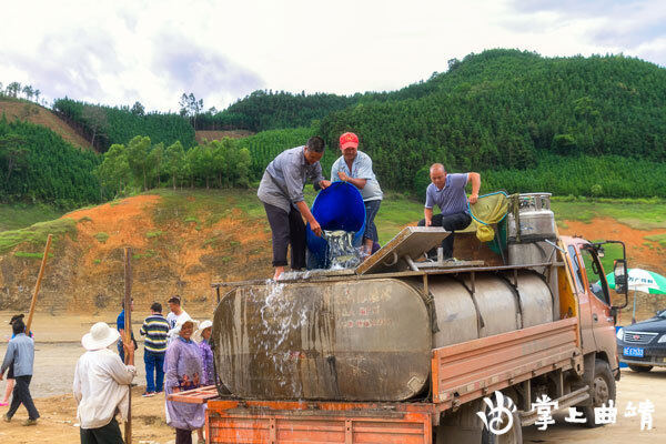 村民将鱼苗装车运走。 村民将鱼苗装车运走。